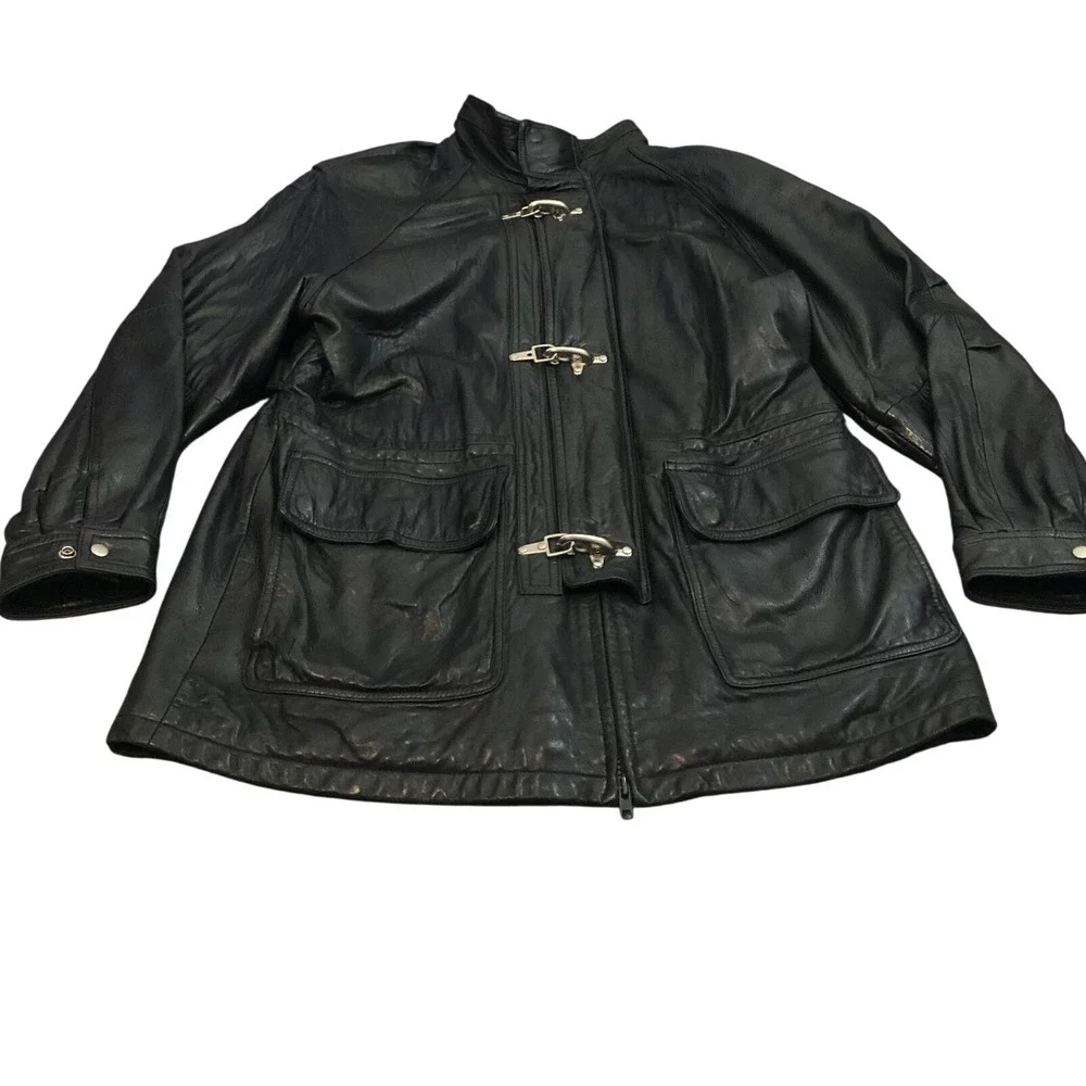 Tannery West Vtg Genuine Black Leather Fireman Lobster Clasp Jacket Coat XL